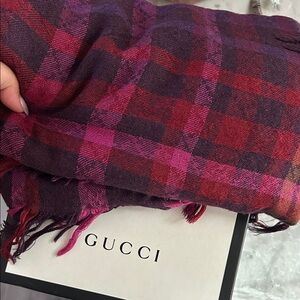 GUCCI Checkered Wool Scarf in Rich Red and Deep Purple